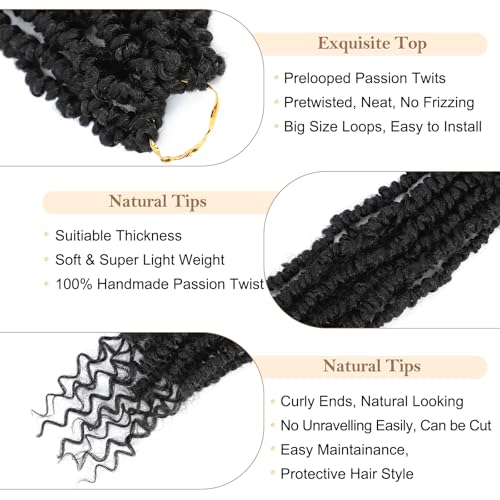 Passion Twist Crochet Hair,12 Inch 9 Packs Pretwisted Passion Twist Hair, Soft Pre Looped And Pre twist Crochet Hair For Women，Short Black Curly Crochet Braids(12",1B#)