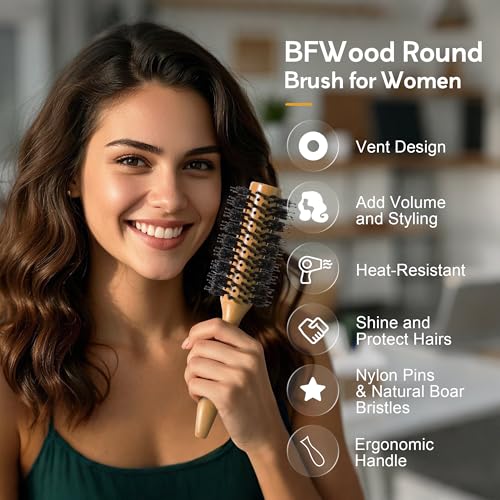 BFWood Round Brush for Blow Out, 1.2 Inch Natural Wooden Boar Bristle Hair Brush for Blow Drying, Curling, Styling & Volume