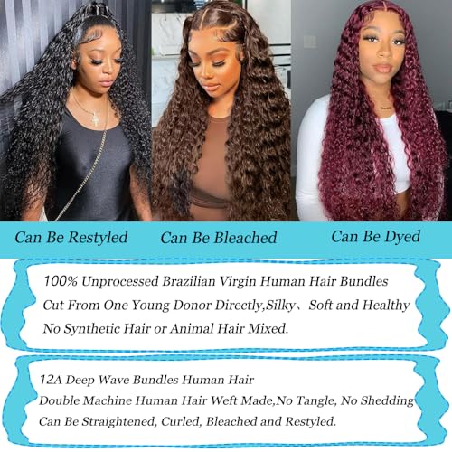 12A Deep Wave Human Hair Bundles 16 18 20 Inch Curly Bundles Human Hair 100% Unprocessed 3 Bundle Brazilian Virgin Human Hair Extensions Quick Weave Natural Black Color