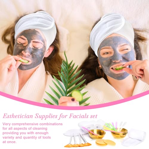 DLUGOPIS 34 Pcs Esthetician Facial Supplies Set: 4 Gold Bowls, 10 Mud Mask Applicators, 4 Cosmetic Brushes, 12 Compressed Sponges, 4 Facial Headbands for Unisex Face Cleansing