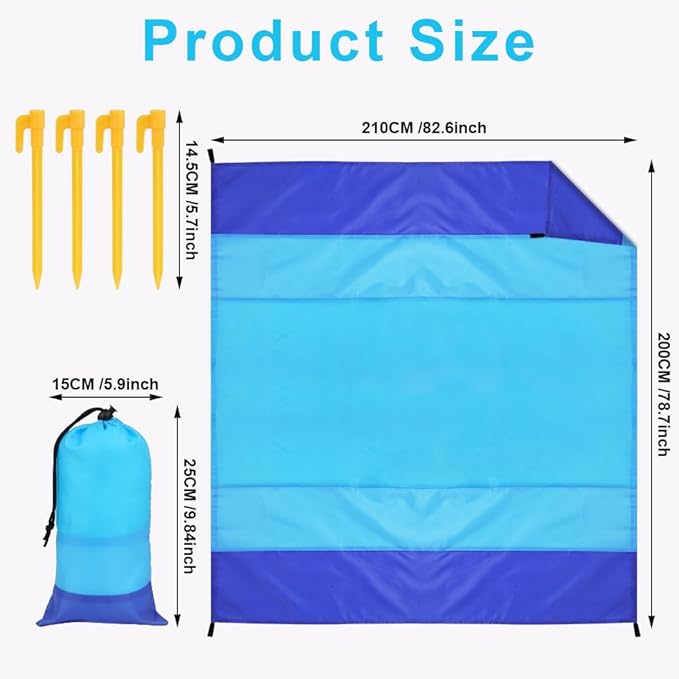 Beach Blanket Beach Mat, Sandproof Waterproof Beach Mat, Extra Large 82 * 79 in (5-7 People) Picnic Blanket with 1 Storage Bag, 1 Carabiner & 4 Fixed Nails for Beach, Camping, Hiking, Picnic