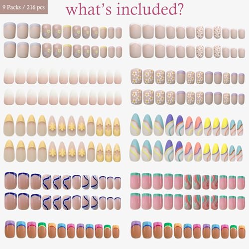 9 Packs (216 Pcs) Press on Nails Short, Jsiallye Flower Short Press on Nails Square, Swirl Press on Nails Almond, Gradient Glue on Nails for Girl Nail Art, 12 Size of Fake Nails - 9 Styles Nail Kits