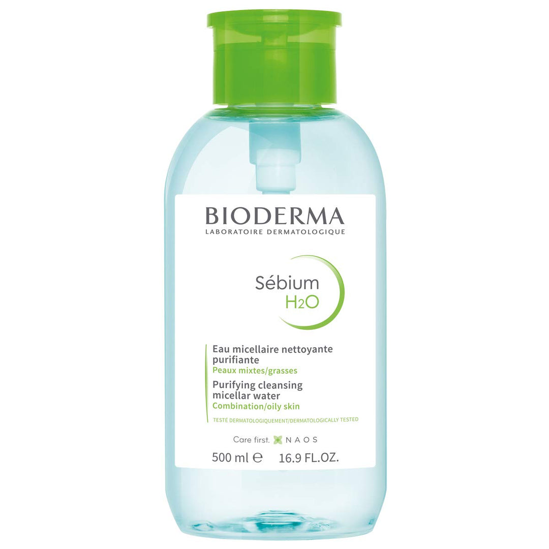 Bioderma S  Bium H2O Pump, Micellar Water, Cleansing And Make-Up Removing For Combination To Oily Skin, Green Bottle, 17 Fl Oz