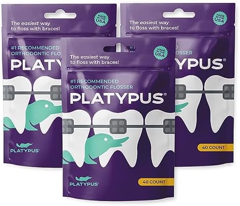 Platypus Orthodontic Flossers for Braces, 40 Count (Pack of 3), Ortho Picks for Adults & Kids, Fits Under Arch Wire, Non-Damaging, Encourage Flossing Habits
