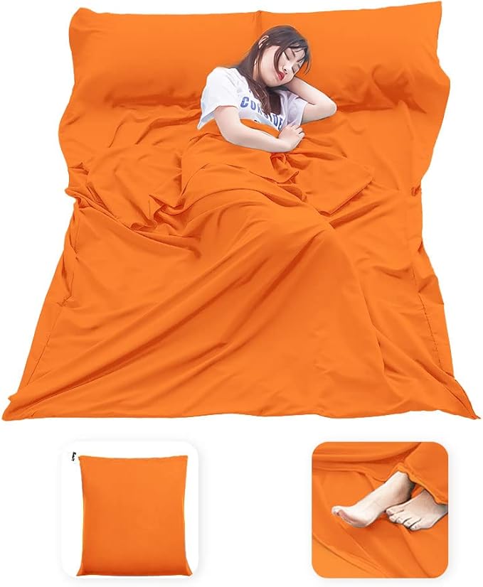 Bag Liner Lightweight Compact Bonng Bag Sack Portable Clean Travel Sheet with Zippered Opening for The Feet Camping Sleep Sheet for Backpacking Hotel& Hiking (Orange, 82.7'' X 70.9”)