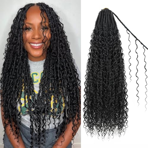 Boho Faux Locs Crochet Hair 9 Packs Long Goddess locs 24 Inch Boho Soft Locs With Curly Ends Pre Looped Bohemian River Loc Crochet Hair For Women (24 inch,1B)