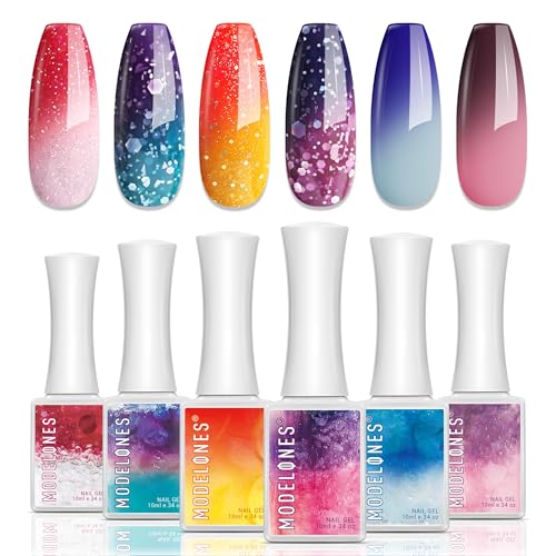 modelones Color Changing Gel Nail Polish, 6 Colors Orange Blue Purple Pink Neon Mood Temperature Change Gel Polish Set Soak Off DIY Home Nail Art Gift