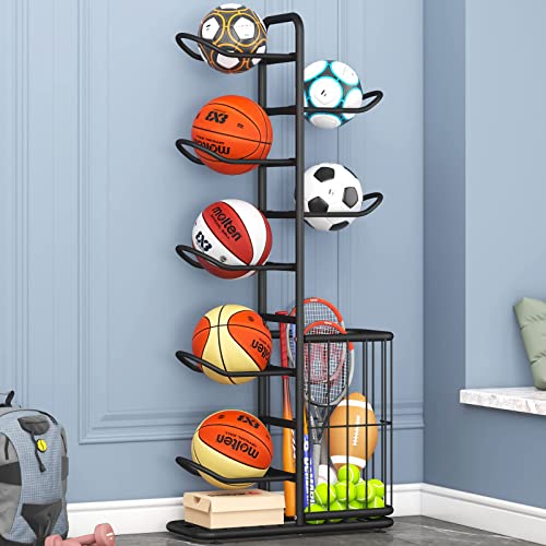 YIILII Vertical Ball Storage Rack - Adjustable 5-Tier Sports Organizer Stand for Basketball, Soccer, Volleyball and More（56.7inches）