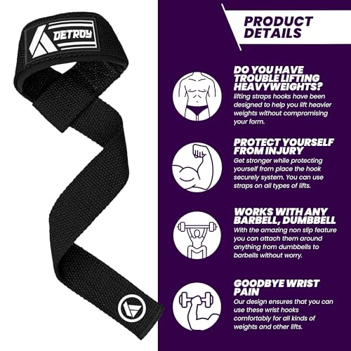 Detroy® Lifting Wrist Straps for Weightlifting, Deadlifts, Bodybuilding, Powerlifting, Gym Strength Training Workouts - Padded Neoprene with 24 inch Webbing Cotton with Silicone Grip for Men & Women (Black)