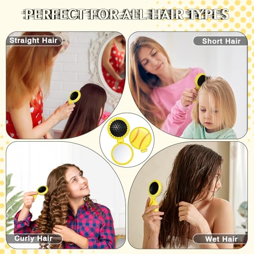 12 Pcs Softball Mini Detangler Brush, Folding Mirror Hair Brushes, Mini Travel Hair Brush, No Tangle Soft Flexible Bristles for Straight, Curly, Thick Hair for Softball Team Gift Sport Party