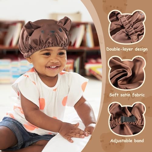 Lolalet Kids Bonnets for Girls, Adjustable Silk Baby Bonnet for Curly Hair Toddler Satin Cartoon Bonnet Cap with Elastic Band -Bear
