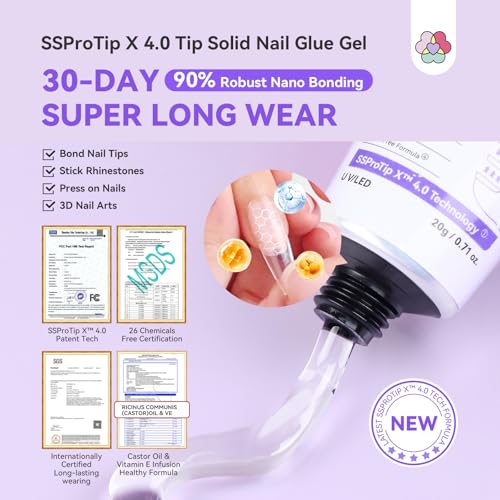 SAVILAND Pro Solid Nail Glue Gel & Remover Kit: 30 Days Long Lasting Gel Glues 20 g Strong Bond Gel Glues for Nails with 60 ml Quick Press On Nails Remover & Mini Nail Lamp for Press Ons