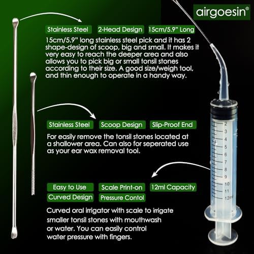 Airgoesin™ Upgraded Tonsil Stone Remover Tool, Blue & Yellow, 5 Tips, Tonsillolith Pick Case + 1 Irrigator Fresh Breath Oral Rinse