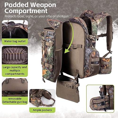 BLISSWILL Large Hunting Backpack with padded weapon for Bow Rifle Hunting Gear Accessories 40L(New leaf camouflage)