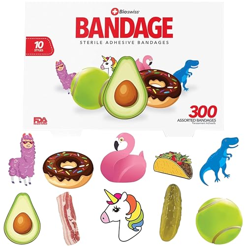Bioswiss Bandages, Assorted Food and Animal Shaped Latex Free Bandage for Kids and Adults, 300pcs