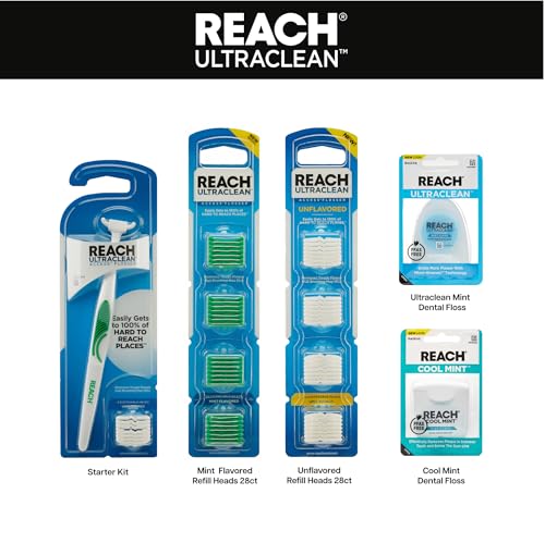 REACH Ultraclean Access Flosser Refill Heads, Mint, Plaque Remover for Teeth, Shred Resistant, for Hard to Reach Areas, Oral Care, PFAS Free, for Adults & Kids, 6 Pack, 28 Count