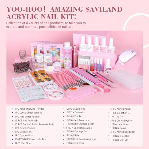SAVILAND Essentials Acrylic Nail Kit with Everything: Professional Nail Kit Set with Nail Drill U V Nail Lamp Gel Polish Nails Tips for Salon Manicures at Home