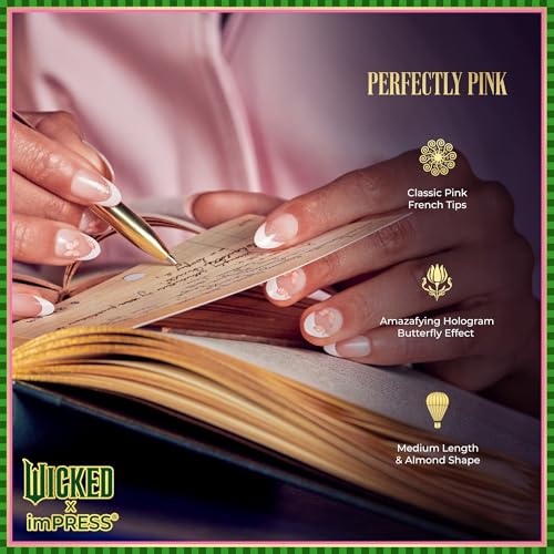 WICKED X imPRESS Press On Nails, ‘Perfectly Pink’, Pink, Medium Almond, New Improved Adhesive, Up To 10 Day Hold, Includes 30 Fake Nails, 1 Prep Pad, 1 Manicure Stick, 1 Mini File