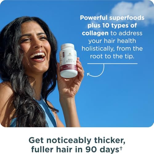 Ancient Nutrition Hair Growth + Collagen Supplement, Hydrolyzed Collagen Peptides, Clinically Studied Superfoods for Hair Growth Support, Thicker, Fuller Hair and Radiant Skin, 60 Count