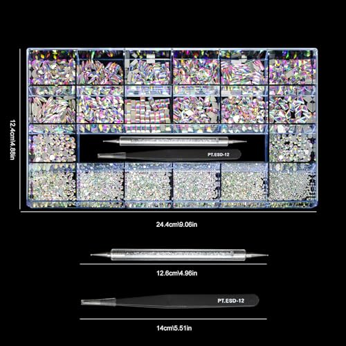 12 Types of 600 Crystal AB Diamonds + 2500 Flat Rhinestones Mix 20 Styles Flatback DIY Crafts Rhinestone Crystals 3D Ornament‌s Flat Back Stones Set + Tweezers + Drill Pen