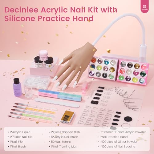 Practice Hand for Acrylic Nails Kit: Silicone Hand for Nail Practice with Acrylic Nail Kit for Beginners - Bendable Training Fake Hand Manicure Acrylic Powder Set for Salon Home