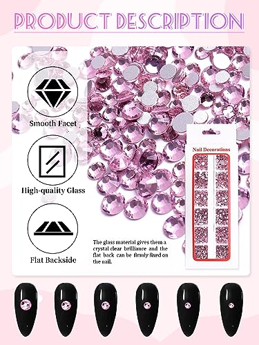 1620 Pcs Nail Art Rhinestones Pink Nail Charms Glass Nail Gems, Wsimily Crystal Flatback Shiny Mixed Nail Rhinestones Beads for DIY Manicure Craft with Tweezer Storage Box Picker Pencil