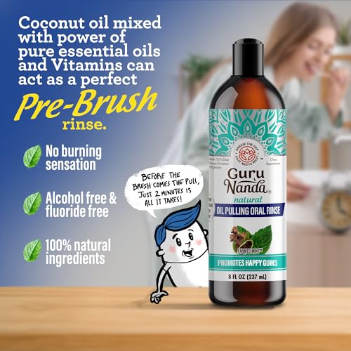 GuruNanda CocoMint Oil Pulling Mouthwash for Complete Oral Hygiene, 7 Essential Oils & Vitamins for Happy Teeth & Gums & Fresh Breath , Alcohol-Free, 8 oz