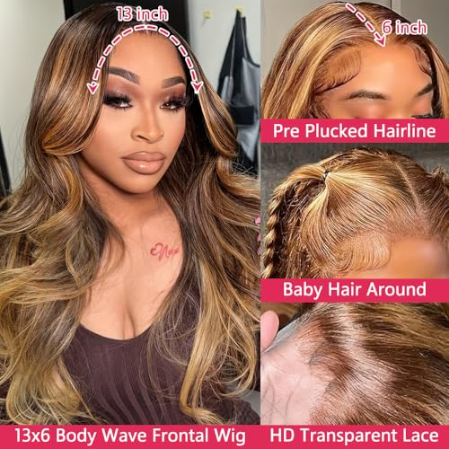 30 Inch Honey Blonde Ombre Lace Front Wig Human Hair 13x6 HD Lace Front Wig 4/27 Highlight Ombre Body Wave Lace Frontal Glueless Wigs Pre Plucked with Baby Hair
