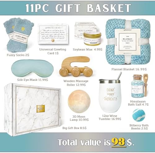 Birthday Gifts for Women Self Care Gifts Get Well Soon Gifts Baskets for Women After Surgery with moon lamp, 11PC Spa,Thinking of You Gift, Care Package for Mom Friend (cyan)