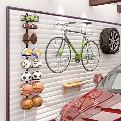 8 Tier Detachable Wall Mounted Basketball Rack, Vertical/Horizontal Football Holder, DIY1/2/3/4 Soccer Stand, Height-Adjustable Multifunctional Ball Rack With Basket For Garage, Tool Room,Bedroom