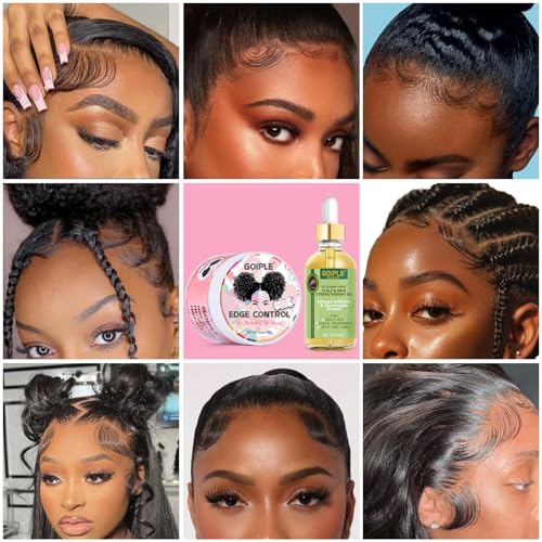 Edge Control Wax Strong Hold Non-greasy Hair Styling Gel - Edge Wax No Flaking Edge Control for Black Hair Edge Wax Fixer for Women Rosemary Hair Oil for Hair Growth Edge Brush Hair Braid Bonnet(7pcs)