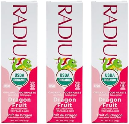 RADIUS USDA Organic Kids Toothpaste 3oz Non Toxic Chemical-Free Gluten-Free Designed to Improve Gum Health for Children's 6 Months and Up - Dragon Fruit - Pack of 3