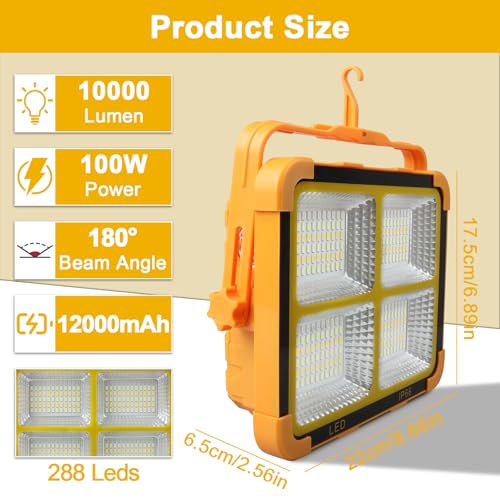 100W Double Solar Portable Work Light, 288 LEDs Rechargeable FloodLights Outdoor with Stand, 4 Light Modes, 12000mAH 10000LM Power Bank Waterproof Spotlight for Repairing, Emergency, Camping