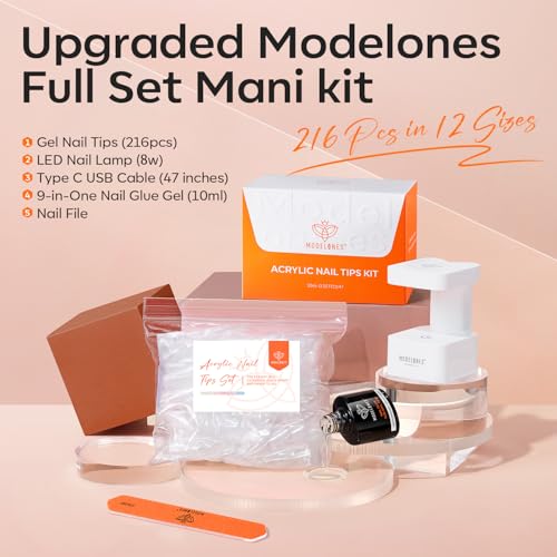 modelones Gel Nail Kit Short Almond Gel Nail Tips, 9-in-One Nail Glue with Portable U V Nail Lamp, 216Pcs 12Sizes Press On Acrylic False Nails Tip Nail Extension DIY Nails Art Gift for Women