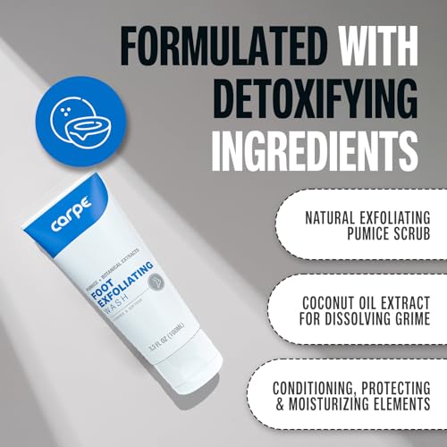 Carpe Exfoliating Foot Scrub - Odor Protection Feet Exfoliator Scrub & Foot Odor Eliminator for Feet - Improves Foot Antiperspirant Performance - Minty Fresh Foot Wash For Women & Men