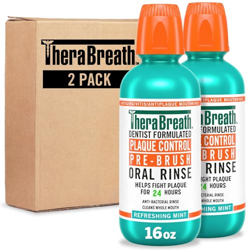 TheraBreath Plaque Control Pre-Brush Oral Rinse, Refreshing Mint Flavor, Antigingivitis and Antiplaque Rinse, Dentist Formulated, Alcohol Free, 16 Fl Oz (Pack of 2)