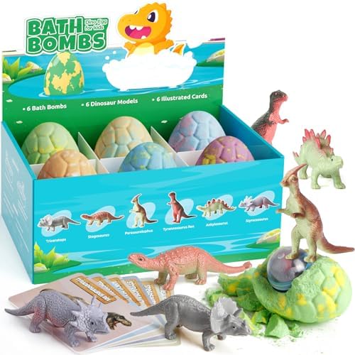 Dino Egg Bath Bombs for Kids with Surprise Inside, 6 Packs Dinosaur Bath Toys Set for Boys,Girls, Bubble Fizzies, Educational Birthday & Christmas Gift Ideas