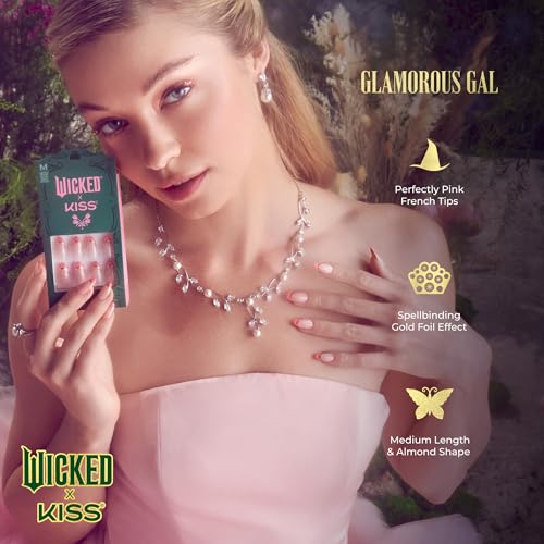 WICKED X KISS Press On Nails Almond, ‘Glamorous Gal’, Pink, Medium, Waterproof, Chip Proof, Smudge Proof, 28 Fake Nails, Pink Gel Nail Glue (2g), Mini Nail File, & Manicure Stick