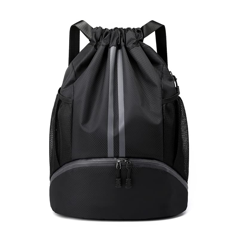 LOKAPEGY Black Drawstring Gym Bag for Men, Waterproof Drawstring Backpack for Women, Swim Bag with Shoes Compartment, Pull String Sport Bag for Soccer and Basketball.