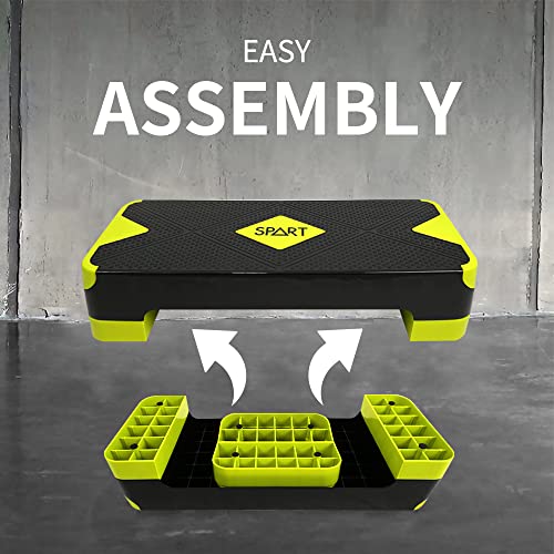 SPART Adjustable Workout Aerobic Stepper, Aerobic Exercise Step Platform with 4 Risers, 3 Levels Adjust 4" - 6" - 8", 26.77" Trainer Stepper with Non-Slip Surface For Home Gym, Black-Fluorescent Green