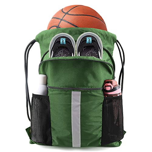 BeeGreen Dark Green Drawstring Backpack with Shoe Compartment X-Large Gym Sports String Cinch Backpack Athletic Sackpack with Front Inside Zipper Pockets
