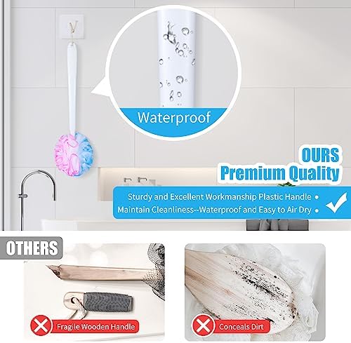 VANZAVANZU Loofah Sponge Set Loofah Exfoliating Body Scrubber, Anti-Slip Plastic 17" Handle Loofah on a Stick with Fluffy Shower Sponge, PE Soft Mesh Shower Loofahs-White with Blue Pink Edge