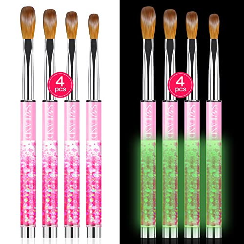 SAVILAND Kolinsky Acrylic Nail Brush Set: Size 6,8,12,14 Professional Glows in the Dark Manicure Brushes for Acrylic Powder Application 3D Nail Art Carving & Extension Tools Home DIY Nail Art Salon