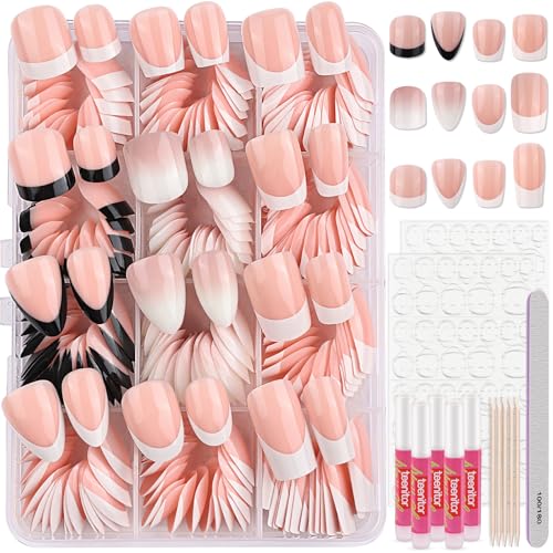 Teenitor Almond French Tip Black Press On Nails - Short, Medium Coffin Shapes - Glue On Nails Kit