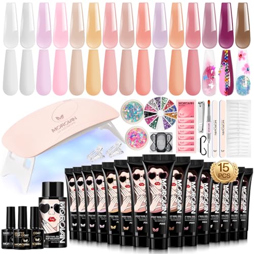 Poly Gel Nail Kit for Beginners: 15 Colors Gel Extension Nail Starter Kit with Slip Solution U V Light for Women Girls at Home DIY