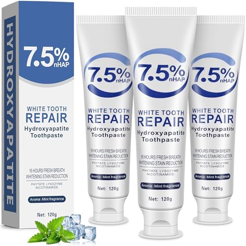 7.5% Hydroxyapatite Toothpaste, Enamel Repair Protection, Tooth Strengthening Whitening Nano Hydroxyapatite, Fluoride-Free Safe for Sensitive Teeth, Natural Peppermint Fresh Breath & Antiplaque 3pcs