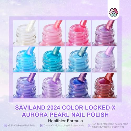 SAVILAND Aurora Nail Polish Set - 12 Shimmer & Holographic Quick-Dry Non-Gel Polish (Glossy, Pearl, Duochrome) with Base & Top Nail Coat, Salon & DIY Essentials for Nail Art