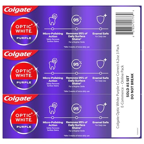 Colgate Optic White Purple Toothpaste for Whitening, Enamel-Safe Mint, 3 Pack, 4.2 oz