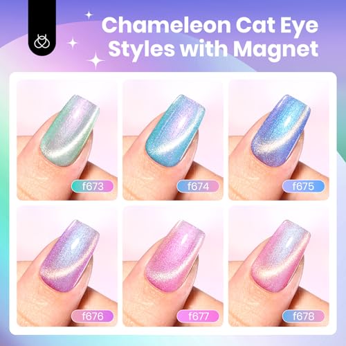 Beetles Cat Eye Gel Nail Polish Set - 6 Colors Summer Chameleon Cat Eye Green Pink Blue Purple Mermaid Gel with Magnet Soak Off UV Prismatic Mirage Collection Salon Nail Art Manicure Gift for Women