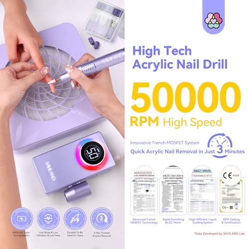 SAVILAND 50000RPM Nail Drill for Acrylic: 2025 Pro High Tech Fast Removal Electric Nails Drill Kit 6000mAh Rechargeable Machine Professional Drill Bit Nail File Buffer Tools Salon Manicure Pedicure